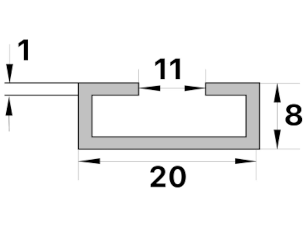 C-mounting profile steel width 20mm height 8mm length 1.0m
